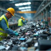 Worker sorting electronic waste on a recycling line for downstream oversight