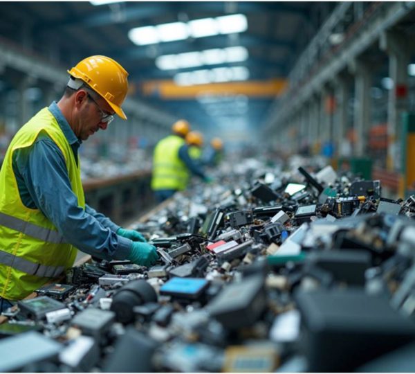 Worker sorting electronic waste on a recycling line for downstream oversight