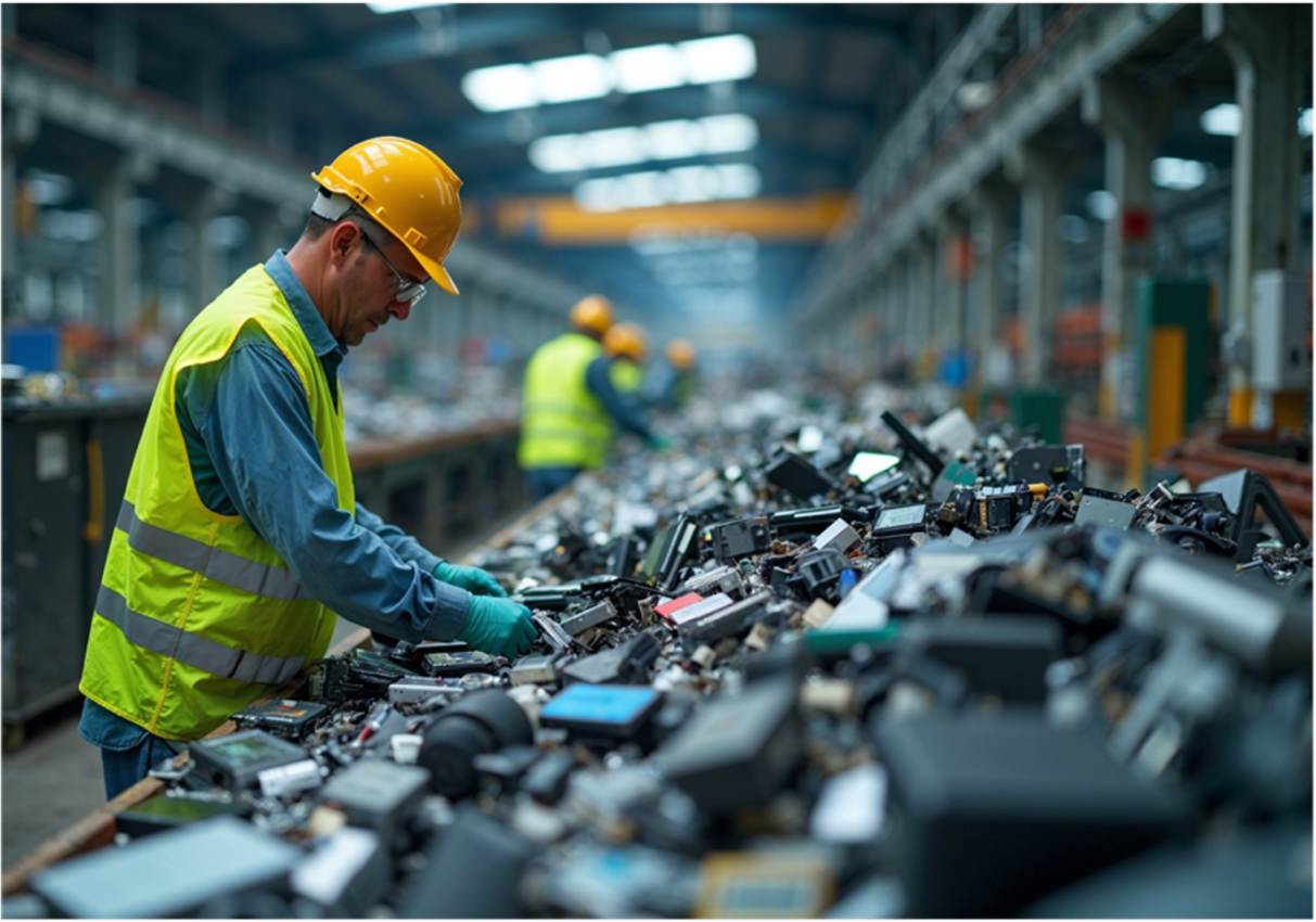 Worker sorting electronic waste on a recycling line for downstream oversight